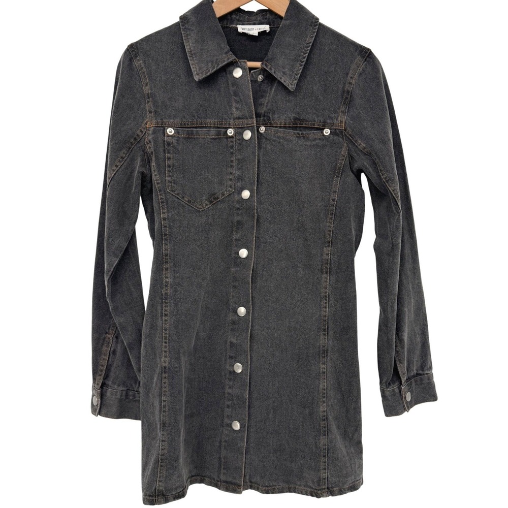 Black Denim Shirt Dress Utility Grunge Cinchedβ Waist Snap Front Mini Western S
